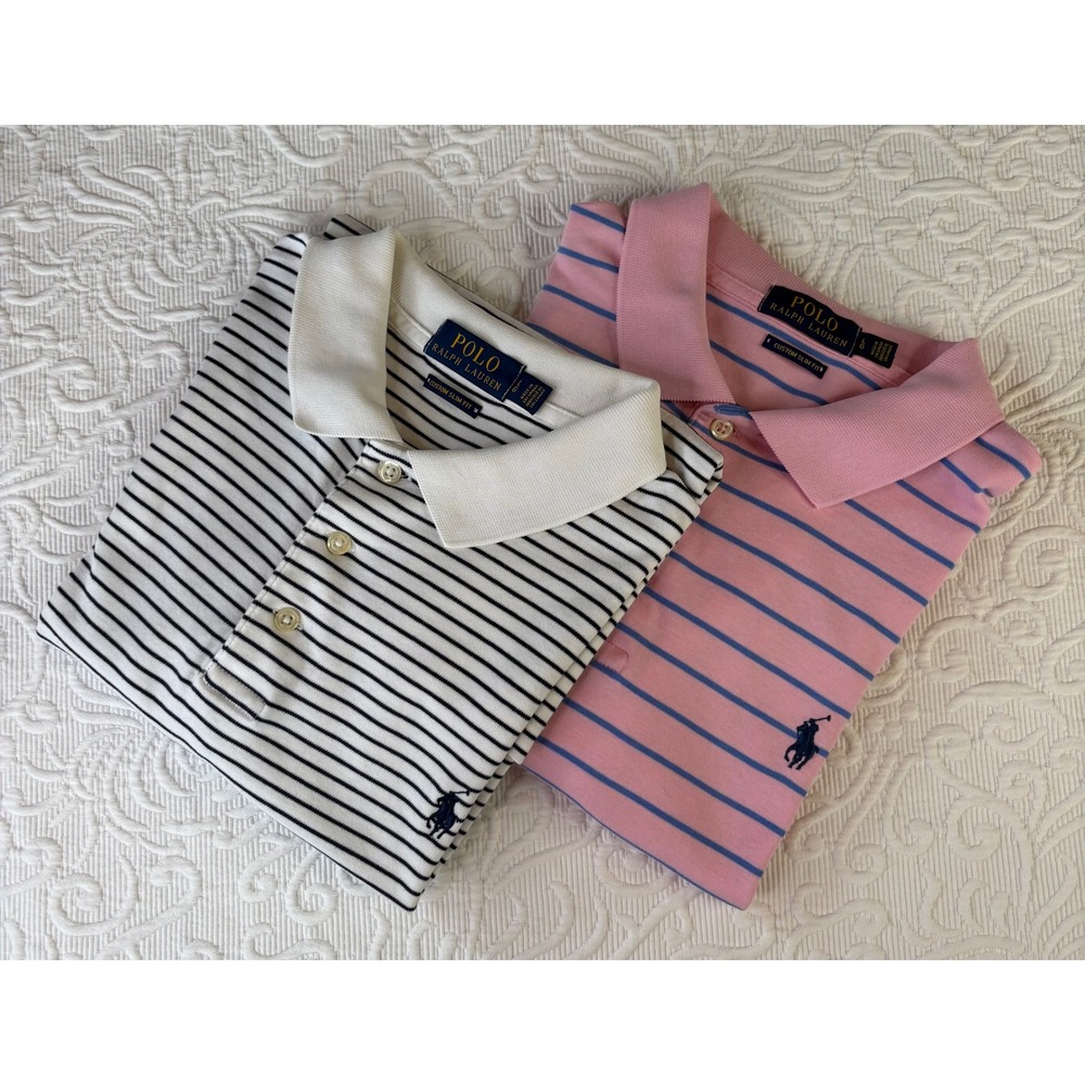 Bundle of 2 Polo Ralph Lauren Custom Slim Fit Cotton Striped Polo Shirts Men L